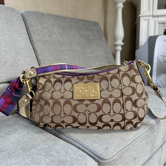 RARE Coach Poppy Tartan Applique Groovy Crossbody Shoulder Bag Brown Monogram - Picture 3 of 16